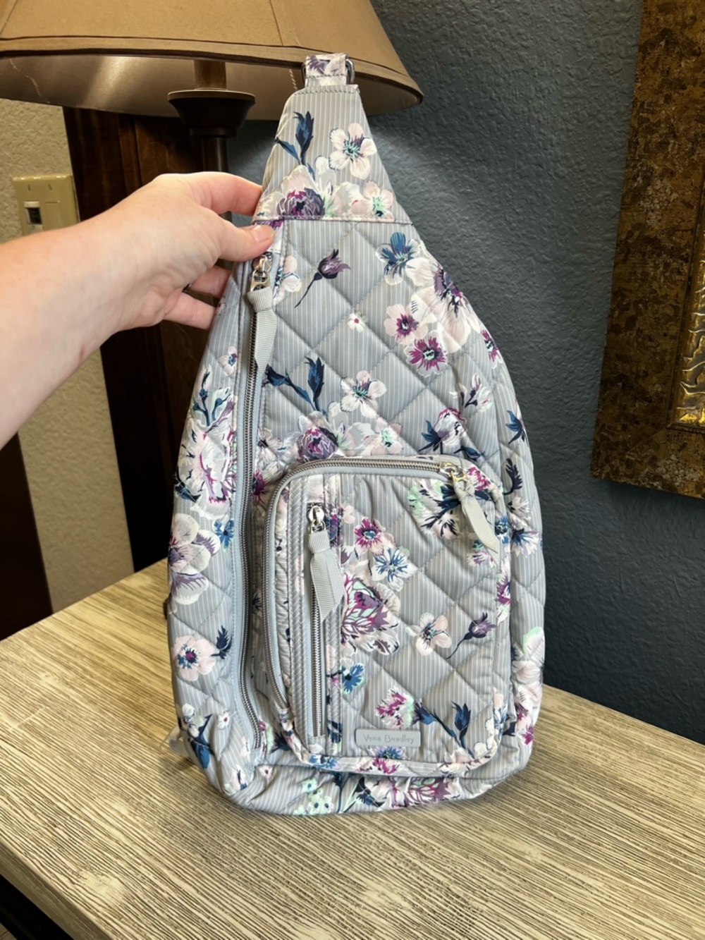 LIKE NEW!!! Vera Bradley Quilted Floral Sling Bag in Light Gray Purple Accents